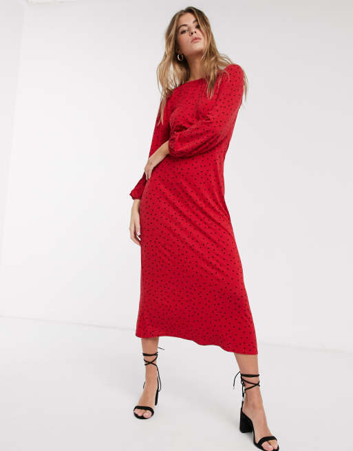 New Look polka dot detail midi dress in red