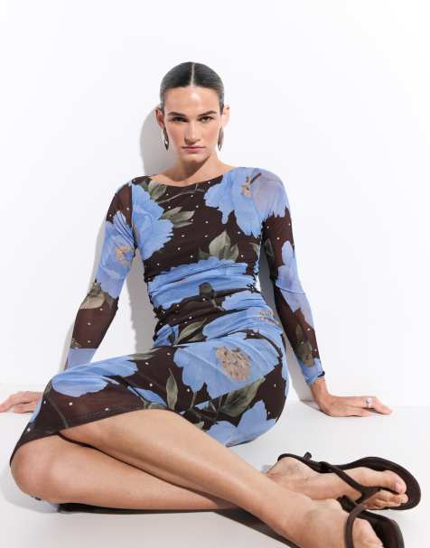 New Look polka dot floral mesh midi dress in blue & brown - view 1