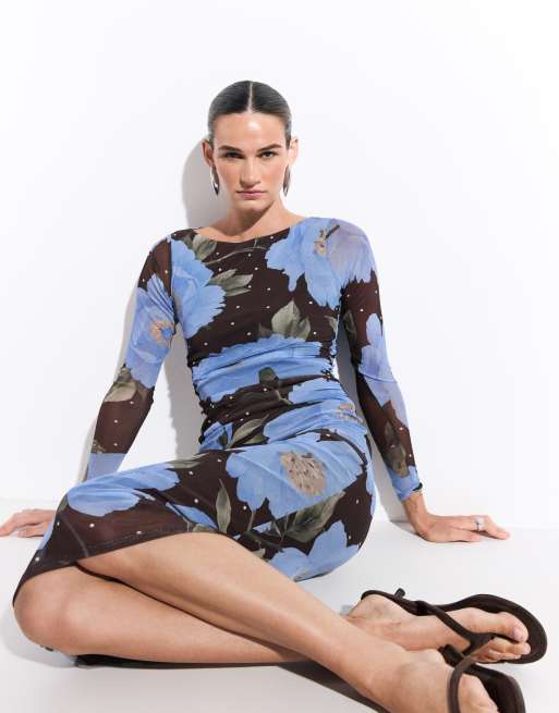 New Look polka dot floral mesh midi dress in blue & brown, 2 of 7