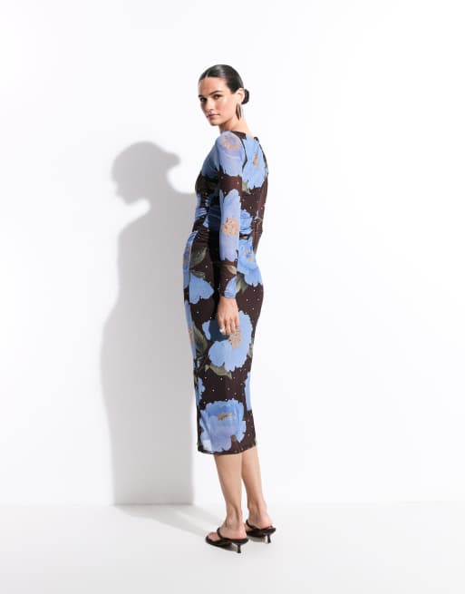 New Look polka dot floral mesh midi dress in blue & brown, 4 of 7