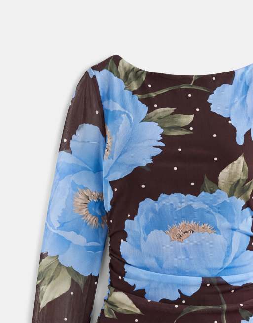 New Look polka dot floral mesh midi dress in blue & brown, 7 of 7