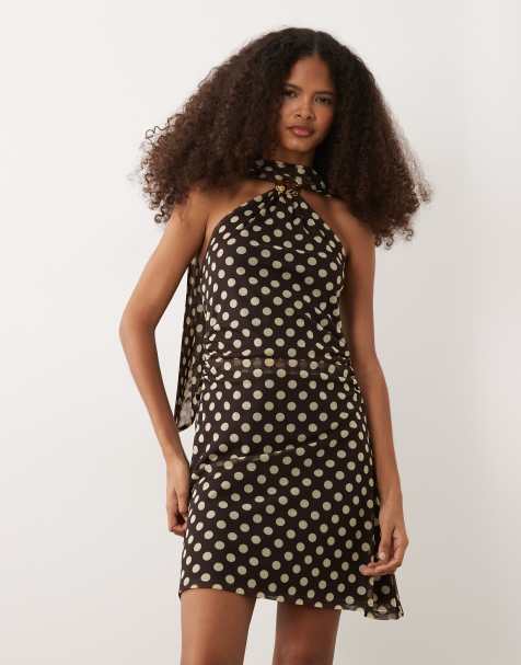 New Look polka dot halter neck mesh mini dress in brown - view 1