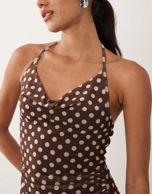 New Look polka dot halter neck mini dress in brown, 4 of 4