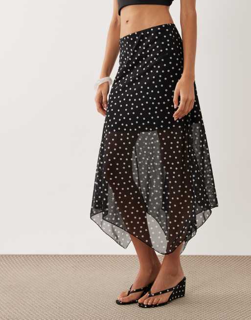 New Look polka dot hanky hem mesh midi skirt in black, 2 of 5