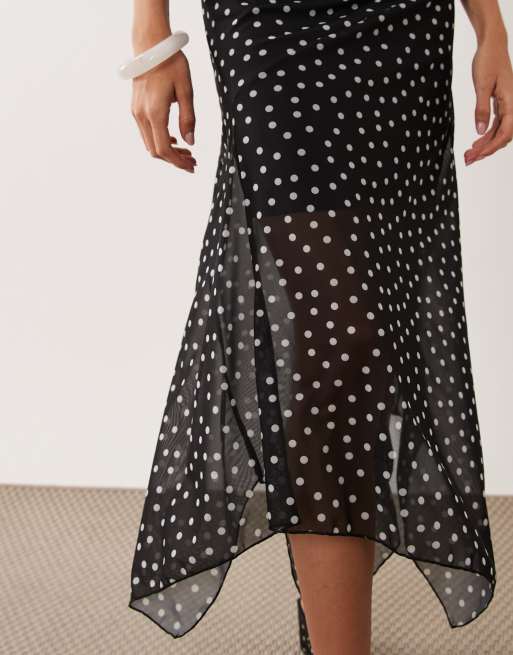 New Look polka dot hanky hem mesh midi skirt in black, 3 of 5