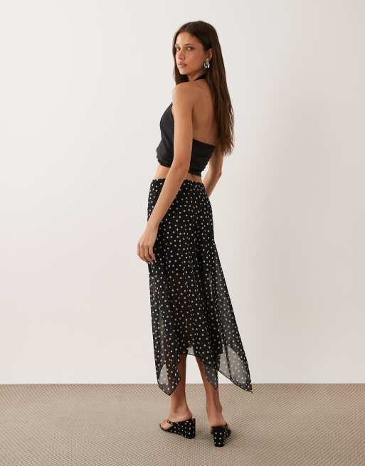New Look polka dot hanky hem mesh midi skirt in black, 4 of 5