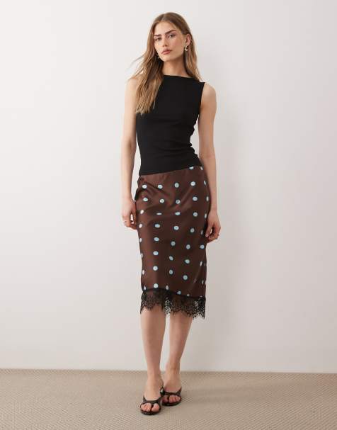 New Look polka dot lace satin midi skirt in brown - BROWN - view 1