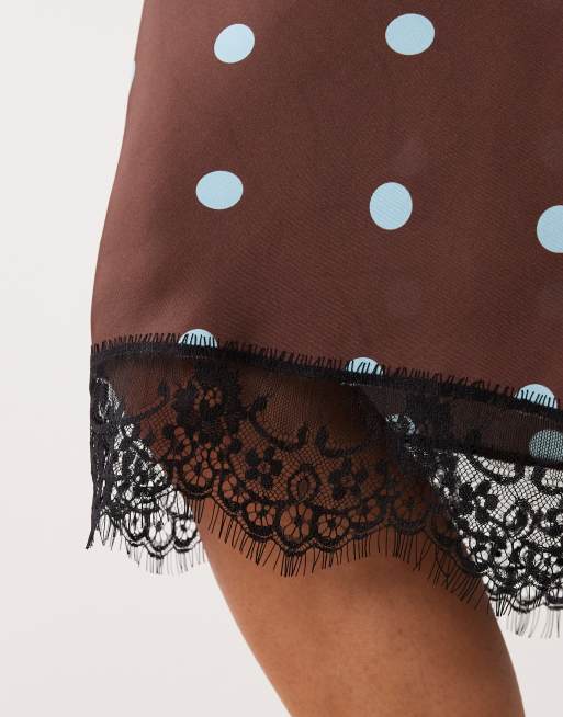 New Look polka dot lace satin midi skirt in brown, 4 of 5