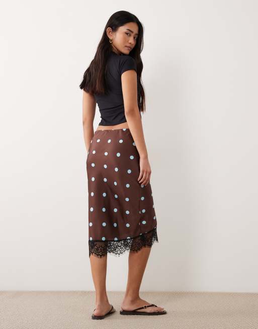 New Look polka dot lace satin midi skirt in brown, 5 of 5