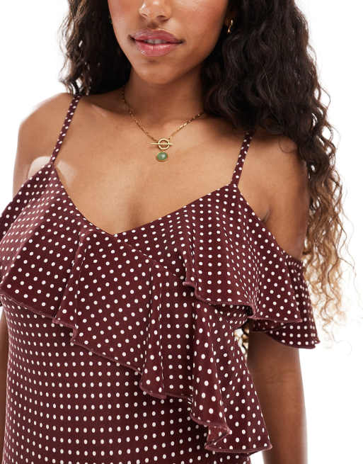 New Look polka dot ruffle midi dress in brown, 3 of 4