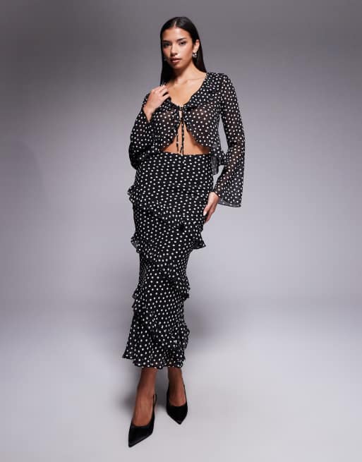 New Look polka dot ruffle tie blouse in black (part of a set), 3 of 4