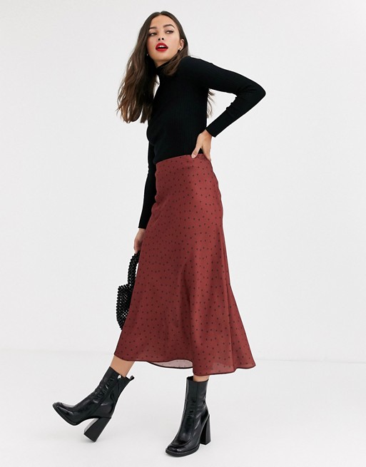 New Look polka dot satin bias cut skirt in brown