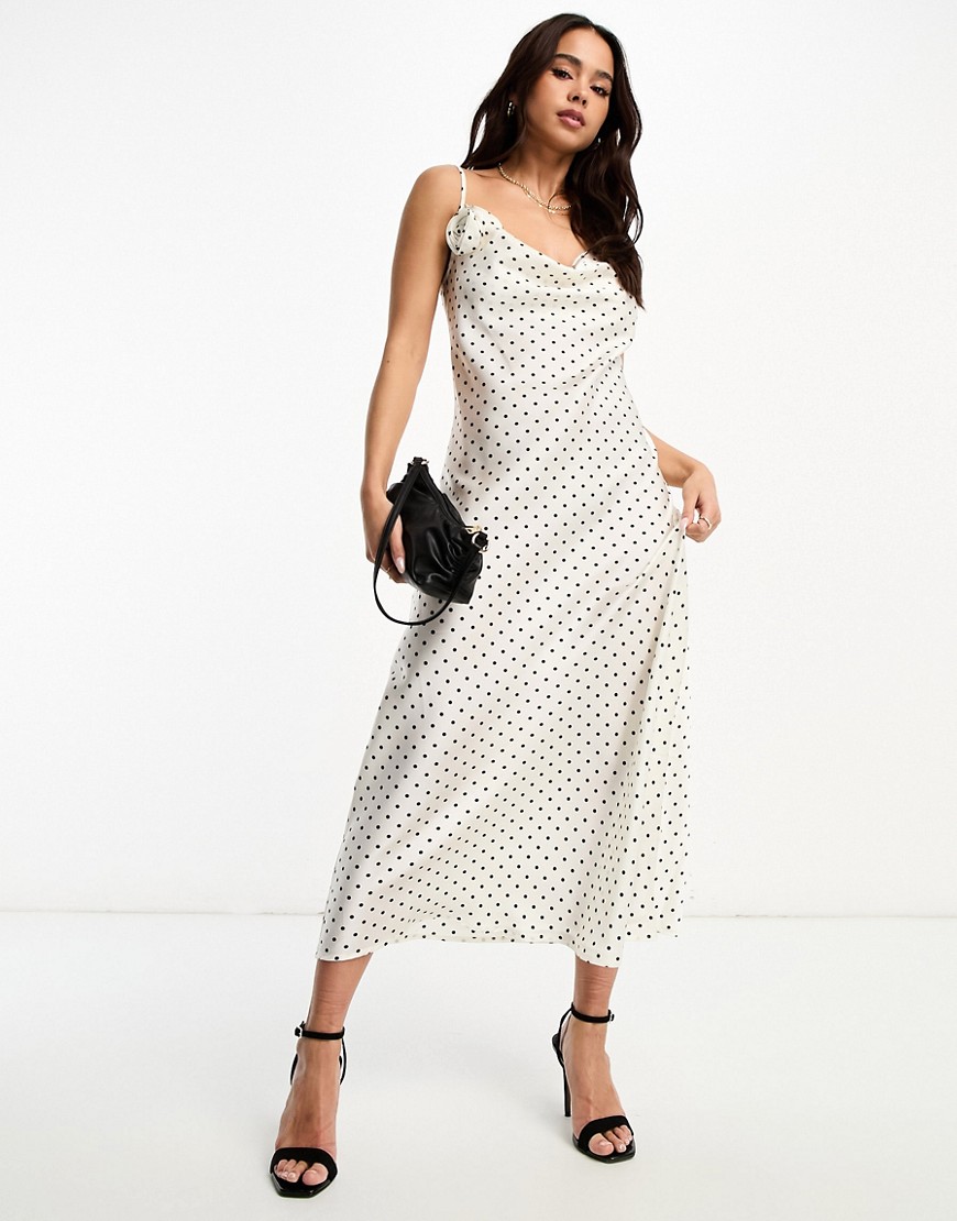 New Look polka dot satin midi slip dress with corsage in white