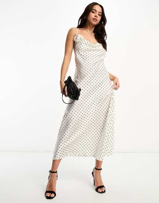 New Look polka dot satin midi slip dress with corsage in white ASOS