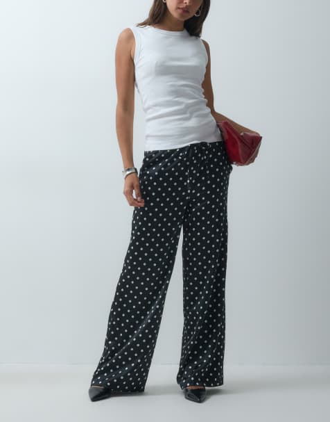 New Look polka dot satin wide leg trousers in black - view 1