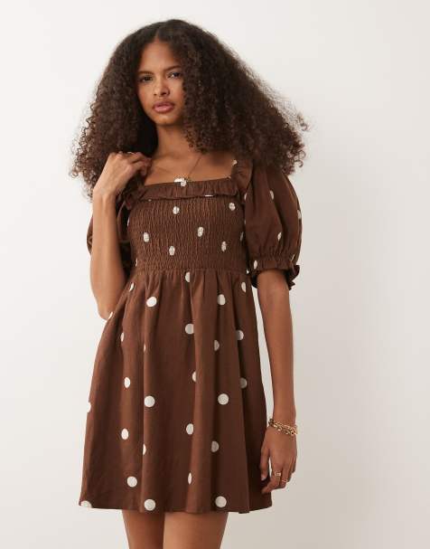 New Look polka dot shirred frill trim mini dress in brown - view 1