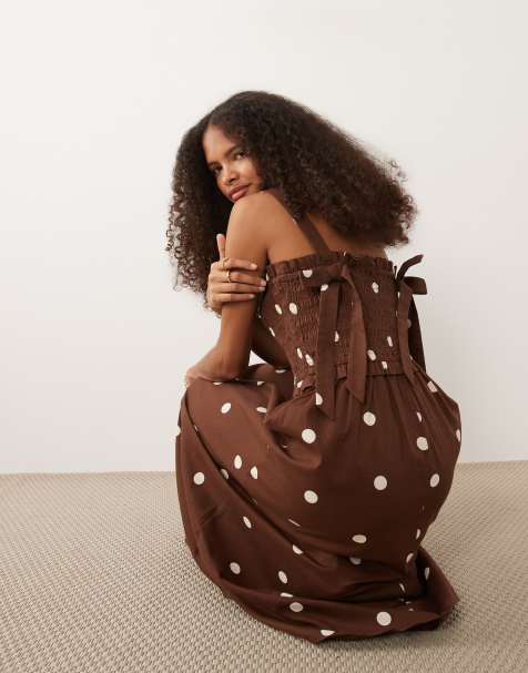 New Look polka dot shirred tie back midi dress in brown - view 1