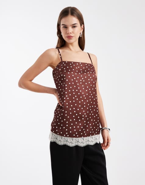 New Look polka dot square neck lace cami top in brown - view 1