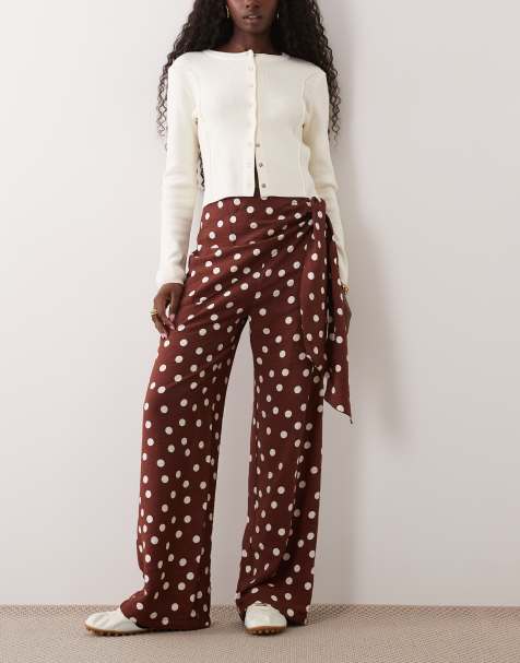 New Look polka dot tie waist wide leg trousers in brown - view 1
