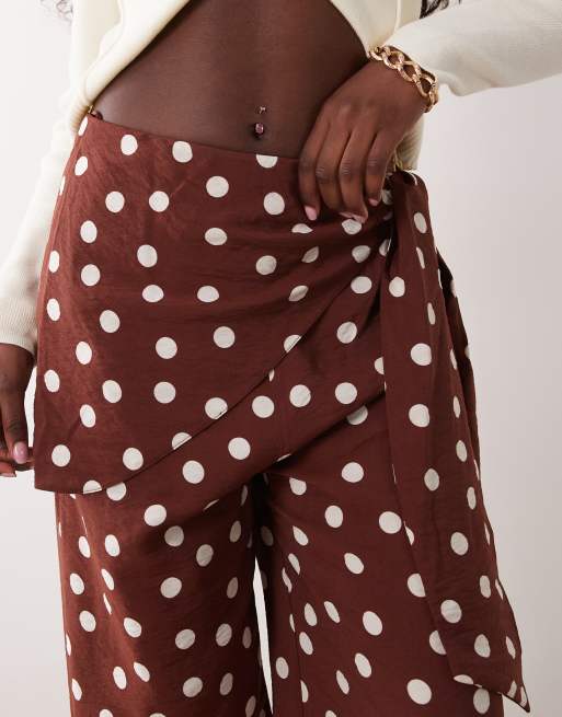 New Look polka dot tie waist wide leg trousers in brown, 3 of 5
