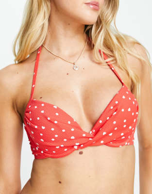 New Look Polka Dot Twist Front Underwire Bikini Top In Red