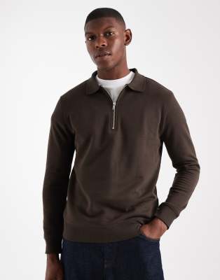 New Look - Polo à col zippé - Marron foncé-Brown