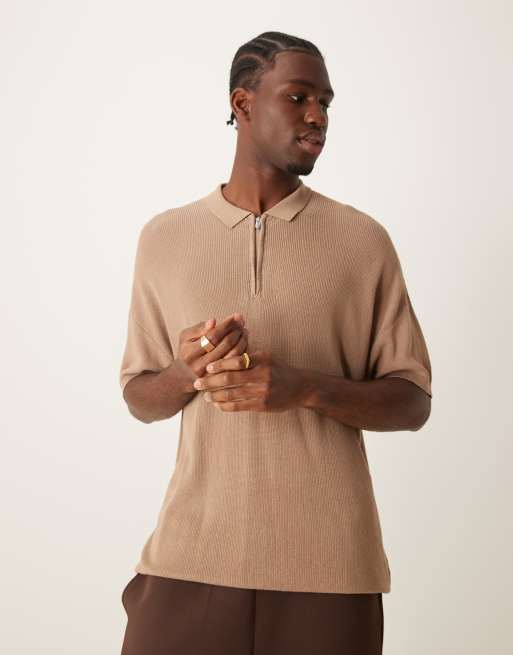 New Look - Polo a maniche corte color cammello con zip corta