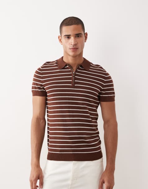 New Look polo a righe con zip corta marrone - view 1