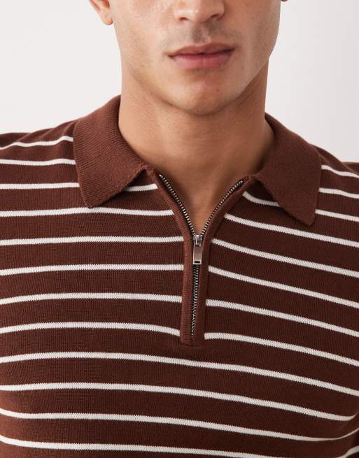 New Look polo a righe con zip corta marrone, 3 di 5