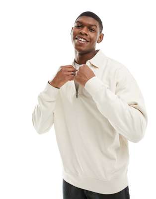 New Look - Polo bianco sporco in felpa con zip corta