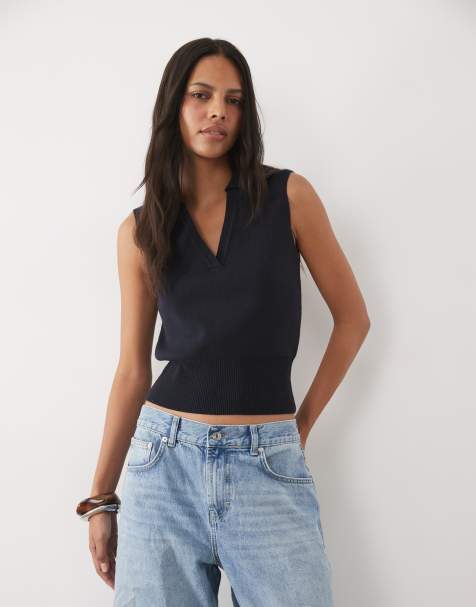 New Look polo collar compact knit singlet in navy - view 1
