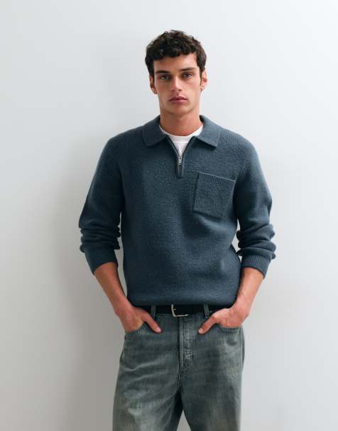New Look - polo de punto cepillado con media cremallera en azul - view 1