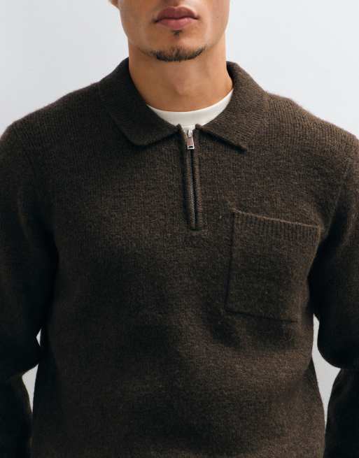 New Look polo en maille grattée zippé au quart, marron foncé, 5 de 5
