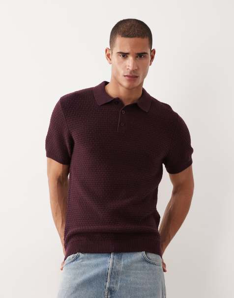 New Look polo en maille texturée à manches courtes en violet foncé - view 1
