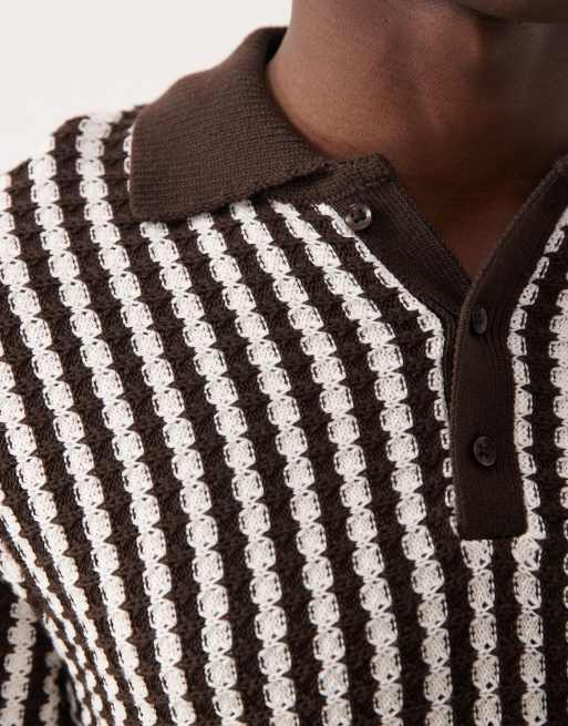 New Look - Polo en maille texturée à rayures - Marron, 3 de 5