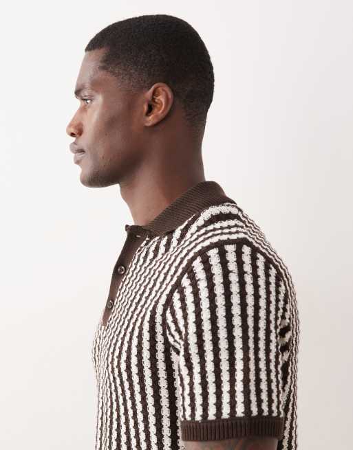 New Look - Polo en maille texturée à rayures - Marron, 4 de 5