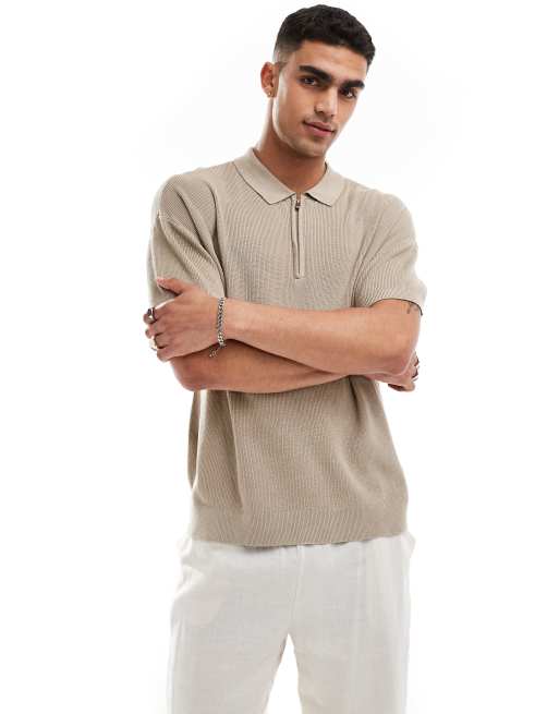 New Look - Polo in maglia beige a maniche corte con zip corta