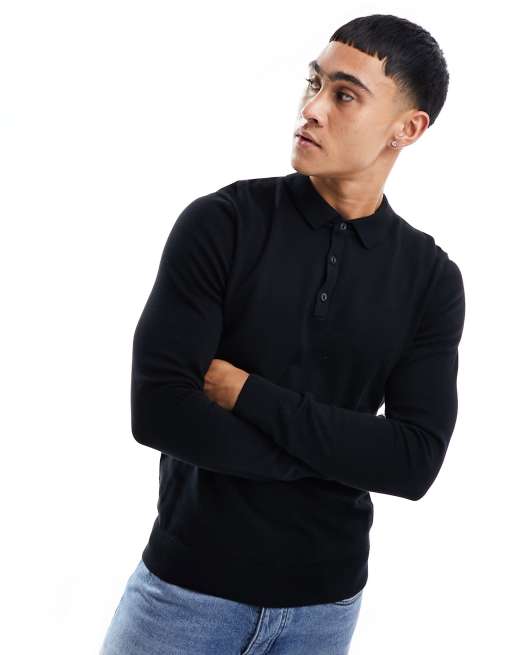 New Look - Polo in maglia nera a maniche lunghe