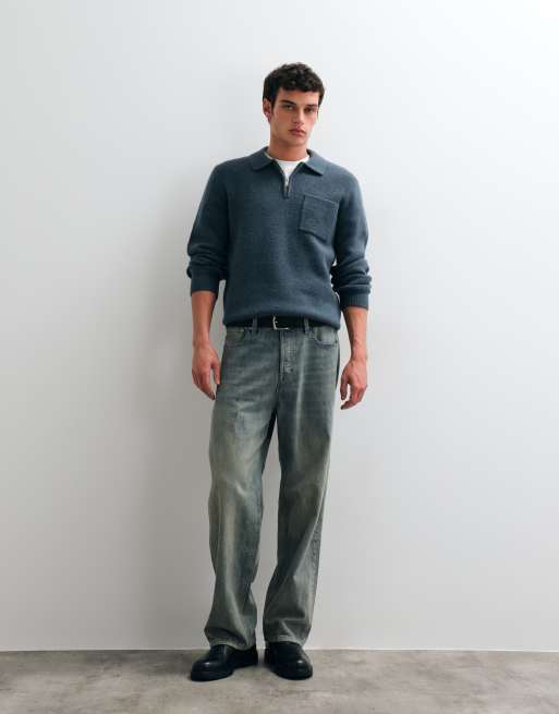 New Look polo in maglia spazzolata con zip a 1/4 blu, 2 di 5