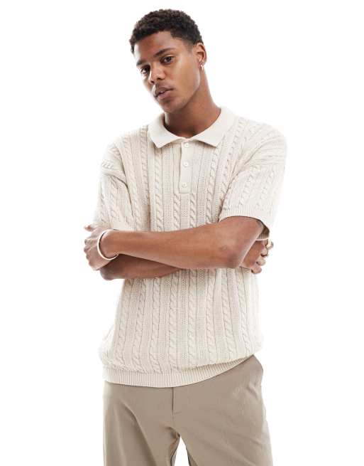 New Look - Polo in maglia testurizzata bianco sporco a maniche corte
