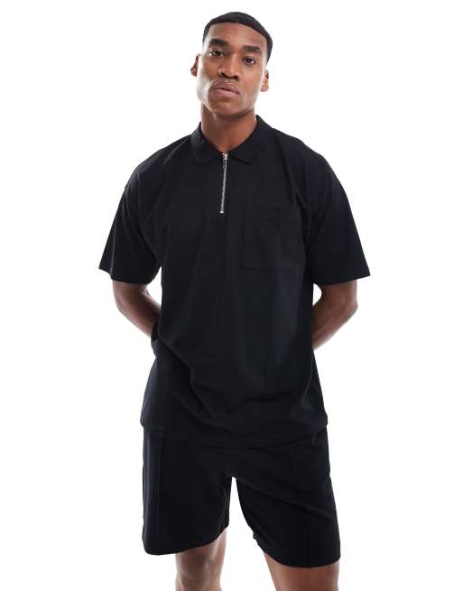 New Look - Polo in piqué nera con zip corta in coordinato
