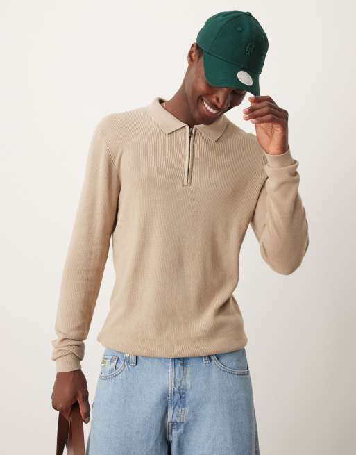New Look - Polo met lange mouwen en 1/4 rits in stone