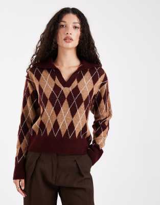 New Look - Polo-Pullover in Rot mit Rautenmuster