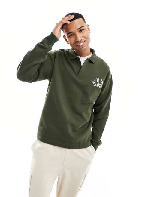 New Look – Polo-Sweatshirt in Dunkelgrün mit „New York“-Stickerei