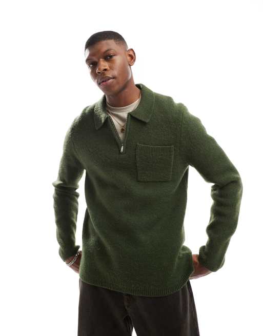 New Look - Polo verde scuro spazzolato con zip