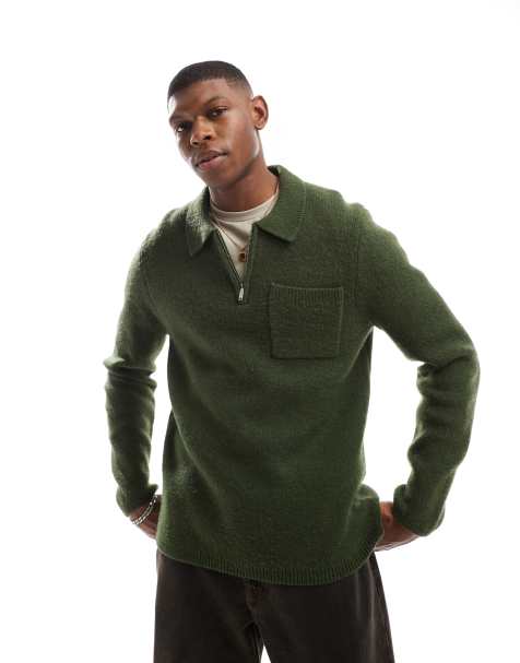 New Look - Polo zippé en maille brossée - Vert foncé - view 1