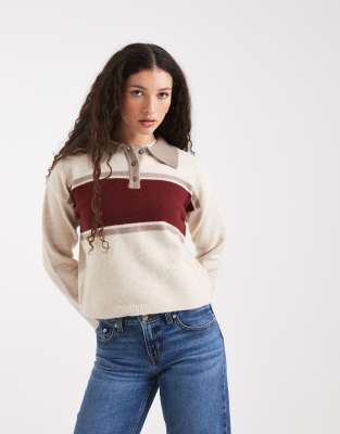 New Look - Polopullover in Creme mit Farbblock-Design-Weiß