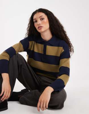 New Look - Polopullover in Grün mit Blockstreifen