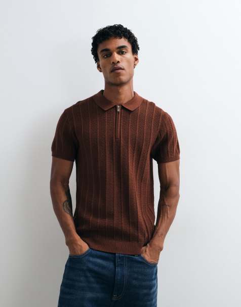New Look poloshirt met korte mouwen, kwartrits en textuur in donkerbruin - view 1
