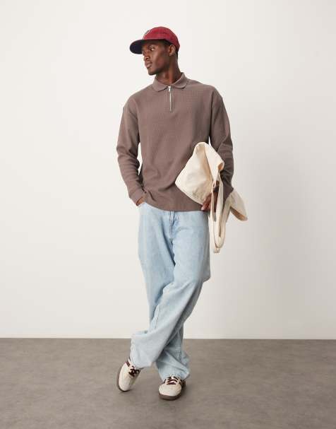New Look - Poloshirt met lange mouwen en textuur in middenbruin - view 1